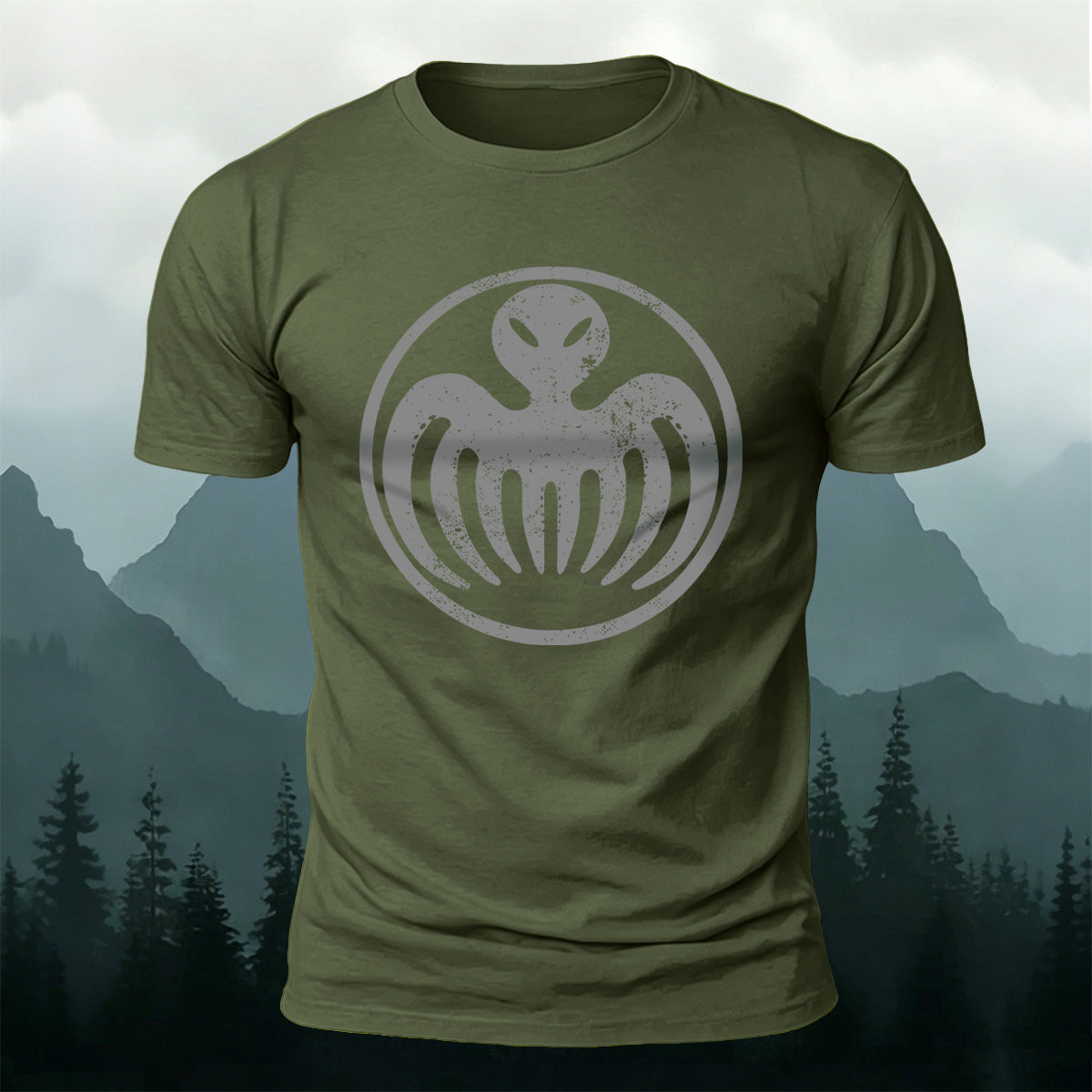 Distressed Alien Octopus Circle Casual Crew Neck Tee