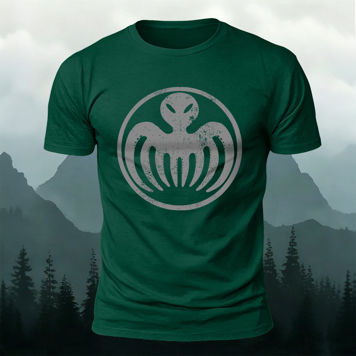 Distressed Alien Octopus Circle Casual Crew Neck Tee
