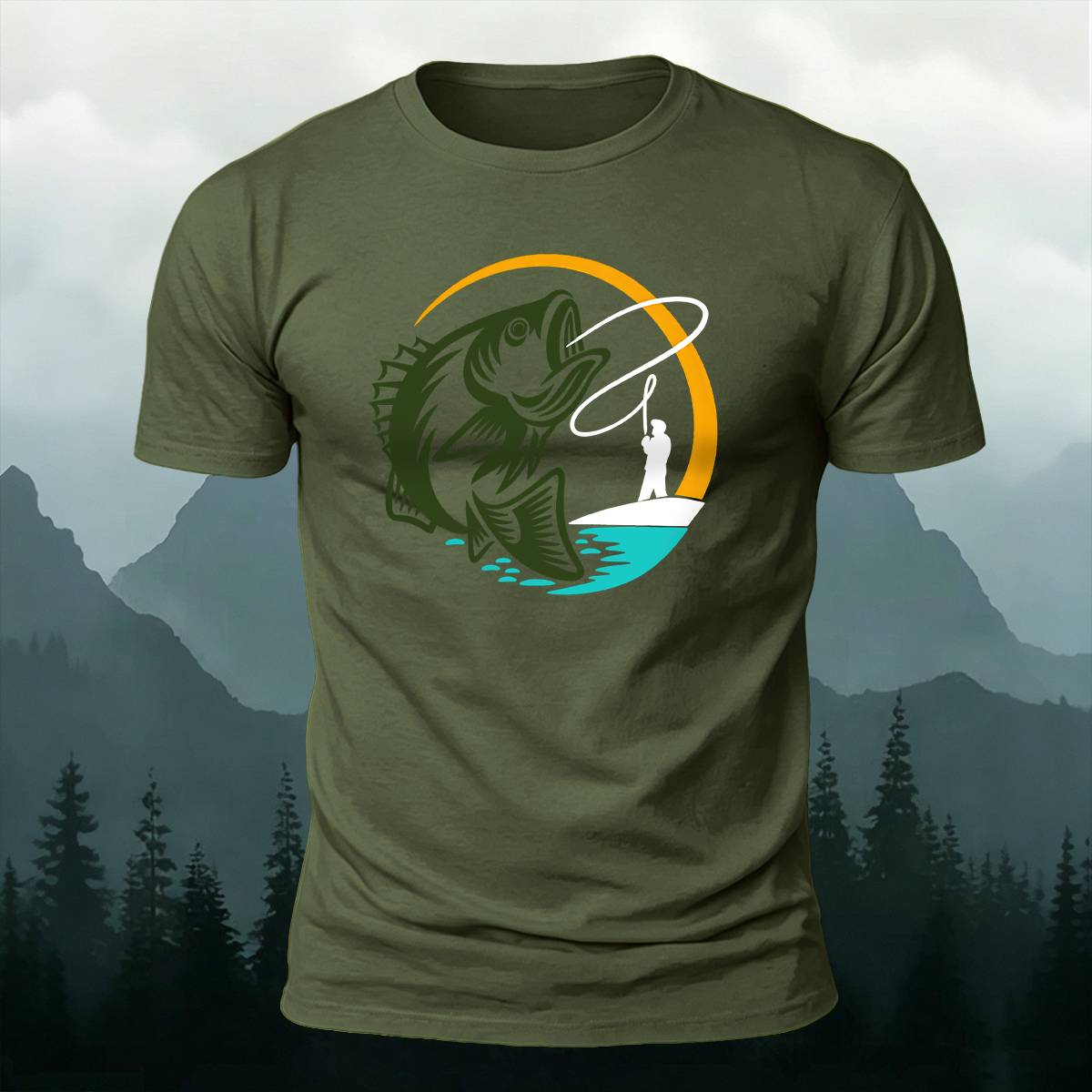 Circular Bass Fly Fishing Outdoor Casual Cotton Tee