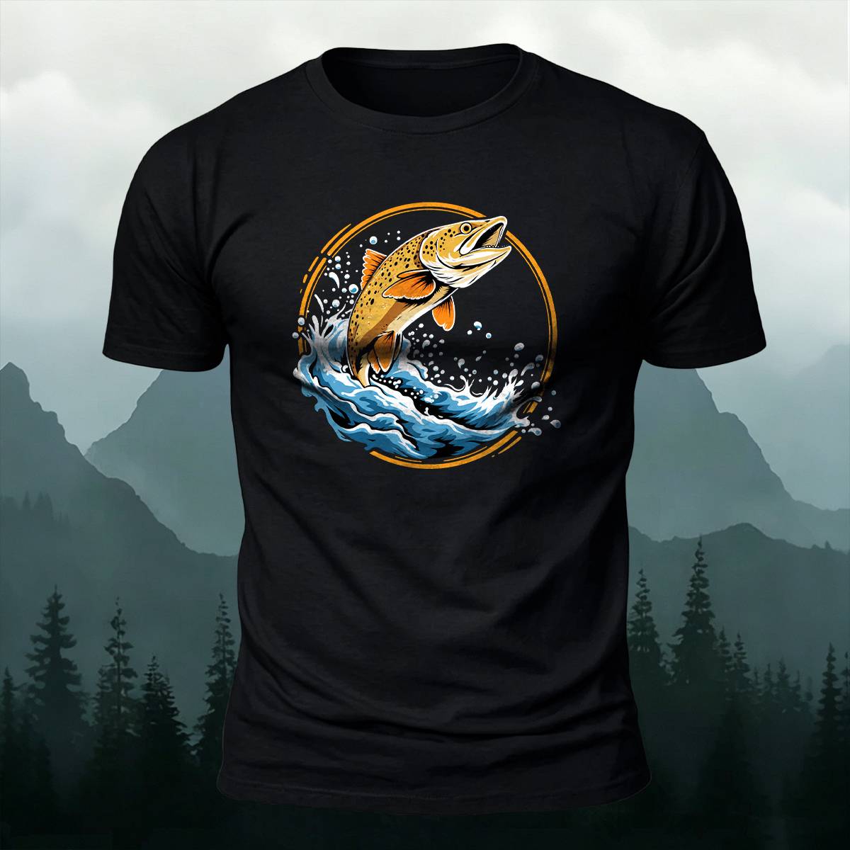 Circular Jumping Trout Outdoor Casual Cotton Tee