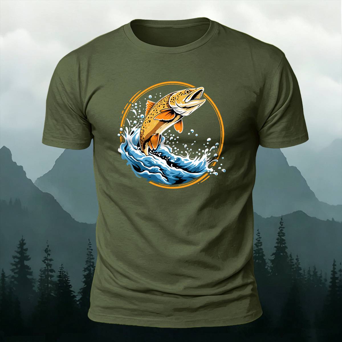 Circular Jumping Trout Outdoor Casual Cotton Tee