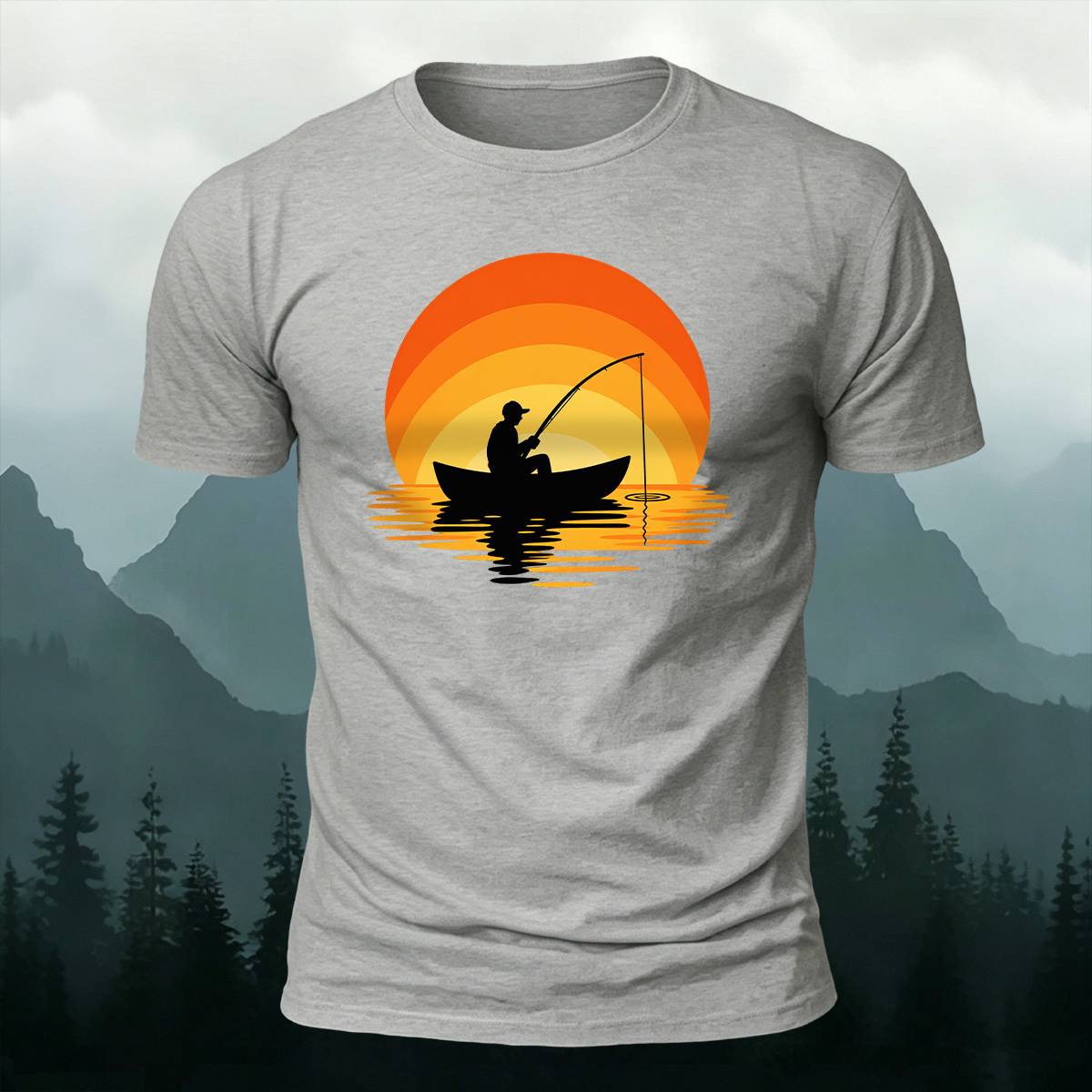 Sunset Boat Fisherman Silhouette Outdoor Cotton Tee