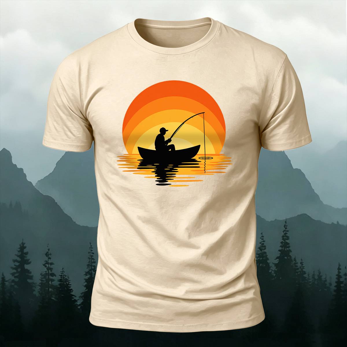 Sunset Boat Fisherman Silhouette Outdoor Cotton Tee