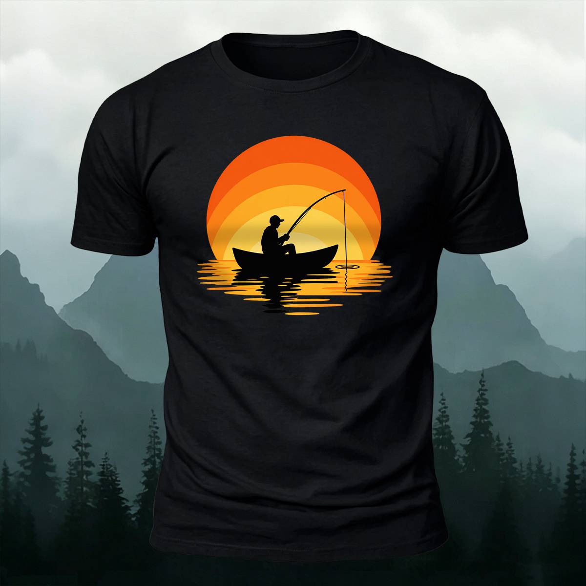Sunset Boat Fisherman Silhouette Outdoor Cotton Tee