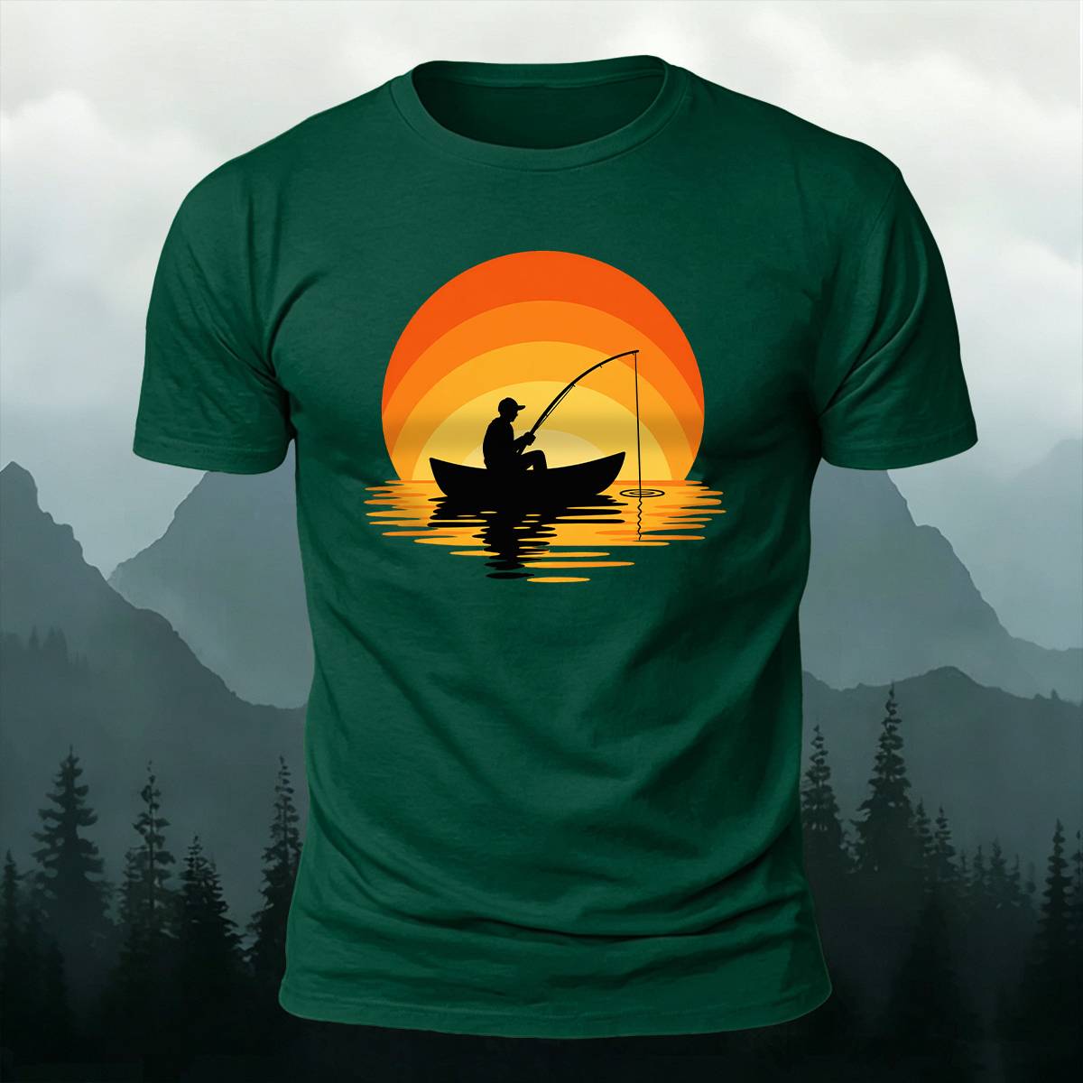 Sunset Boat Fisherman Silhouette Outdoor Cotton Tee