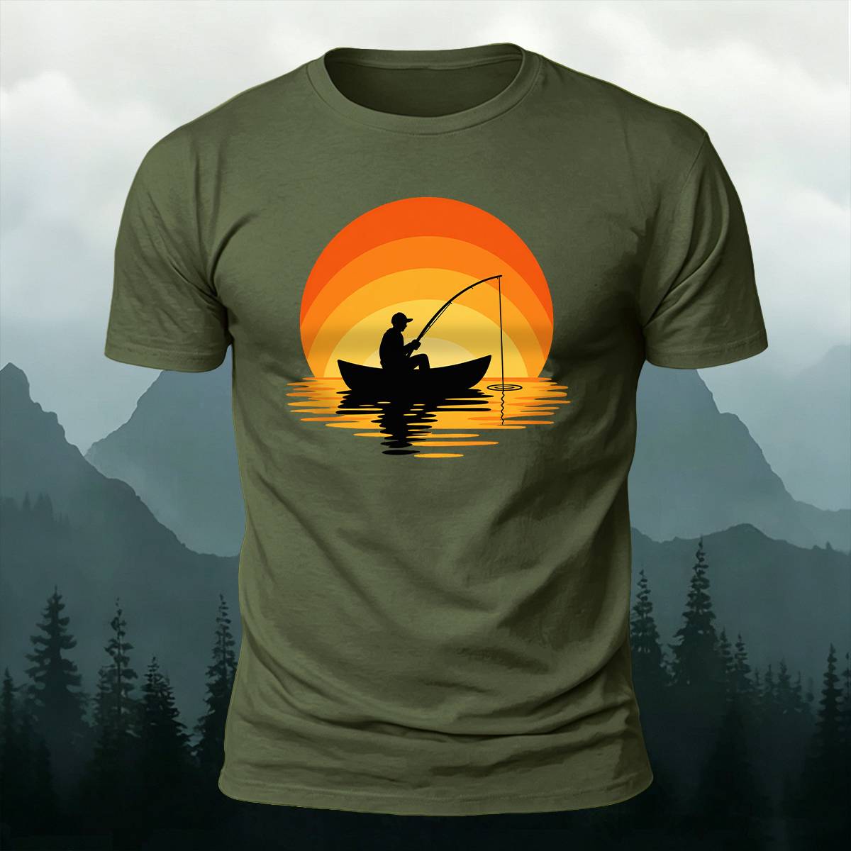 Sunset Boat Fisherman Silhouette Outdoor Cotton Tee