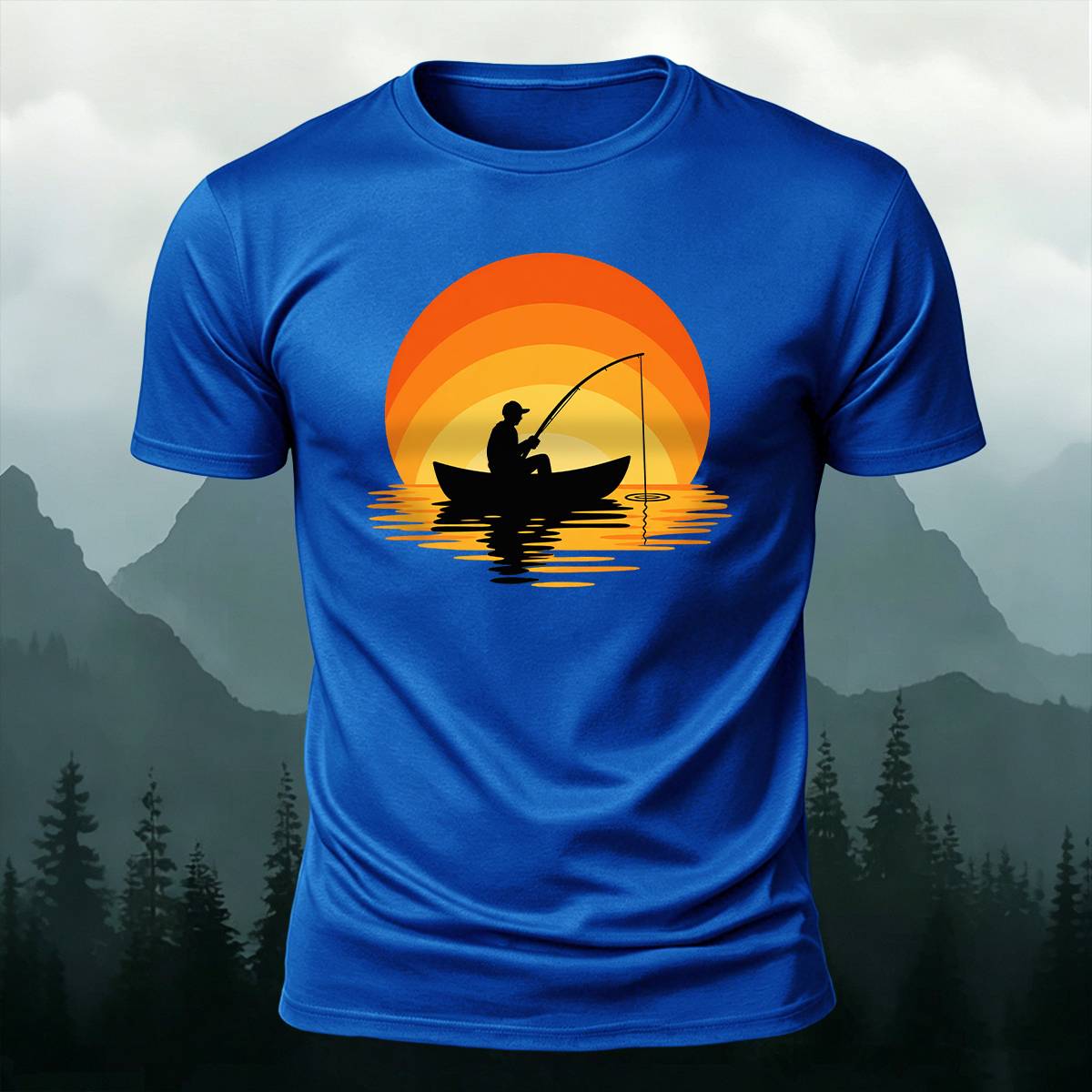 Sunset Boat Fisherman Silhouette Outdoor Cotton Tee