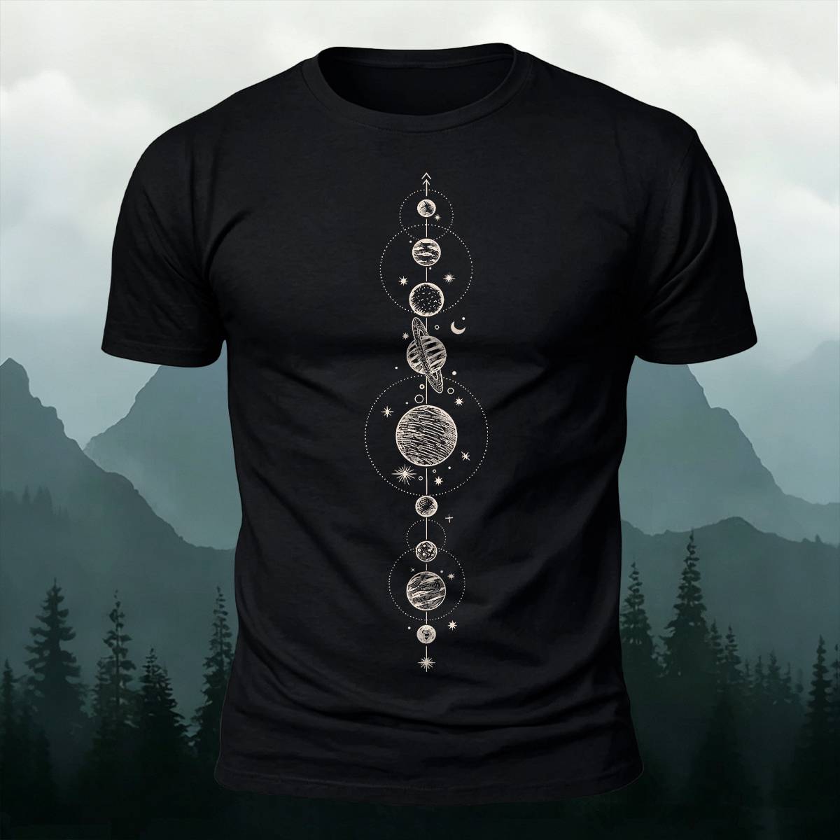 DTG Celestial Vertical Planets Space Art Casual Tee