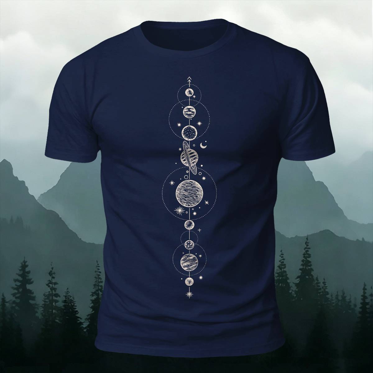DTG Celestial Vertical Planets Space Art Casual Tee