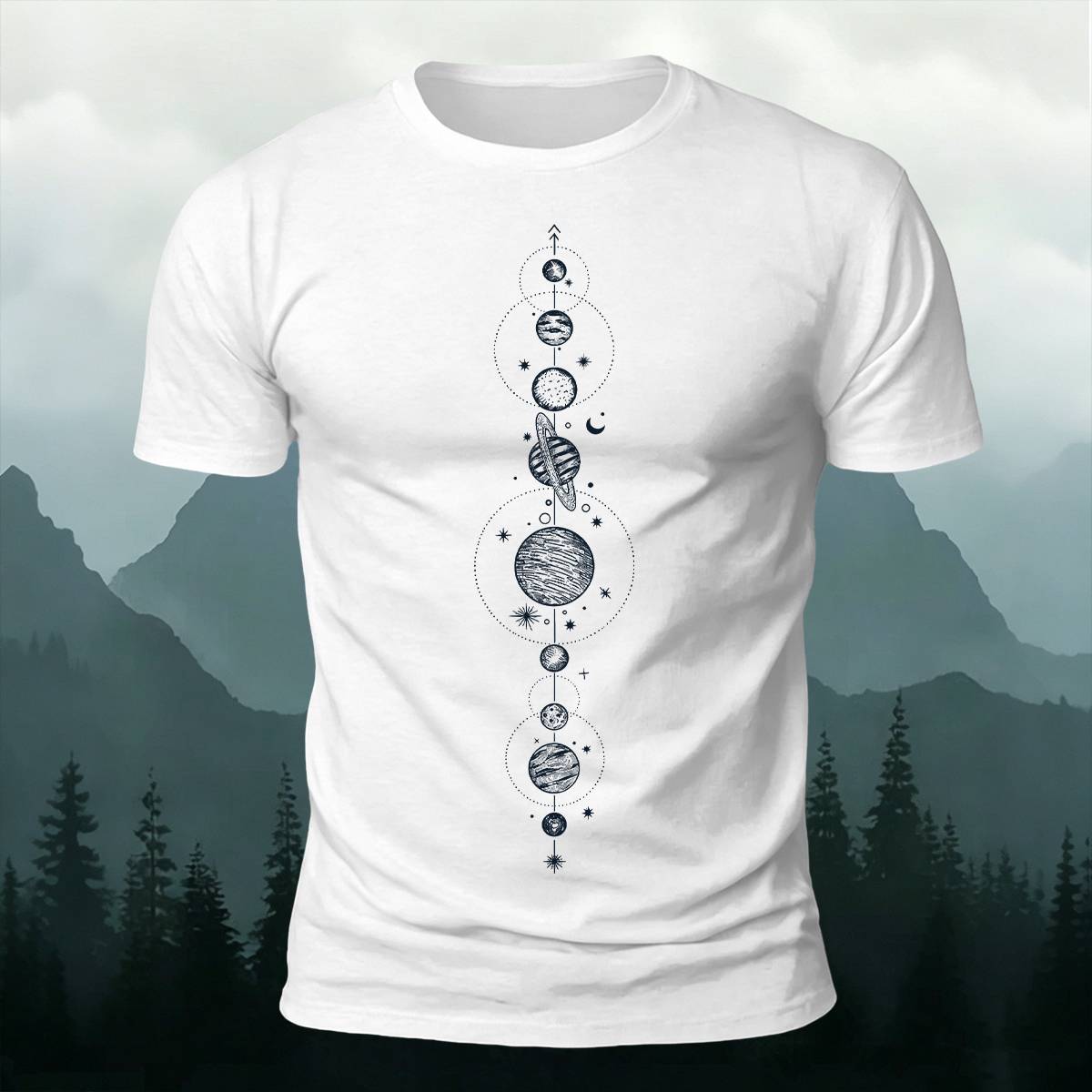 DTG Celestial Vertical Planets Space Art Casual Tee