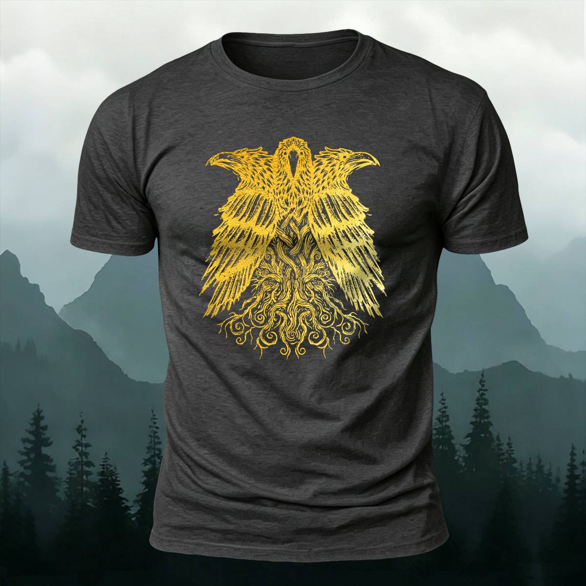DTG Viking Raven Yggdrasil Graphic Casual Tee