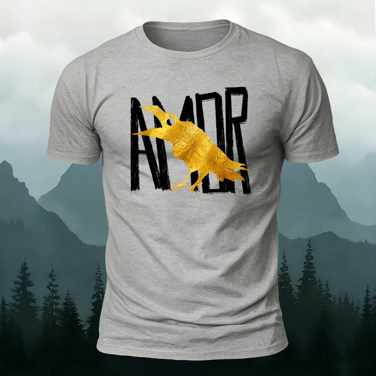 Vintage AMOR Lettering Golden Raven Casual Cotton Tee