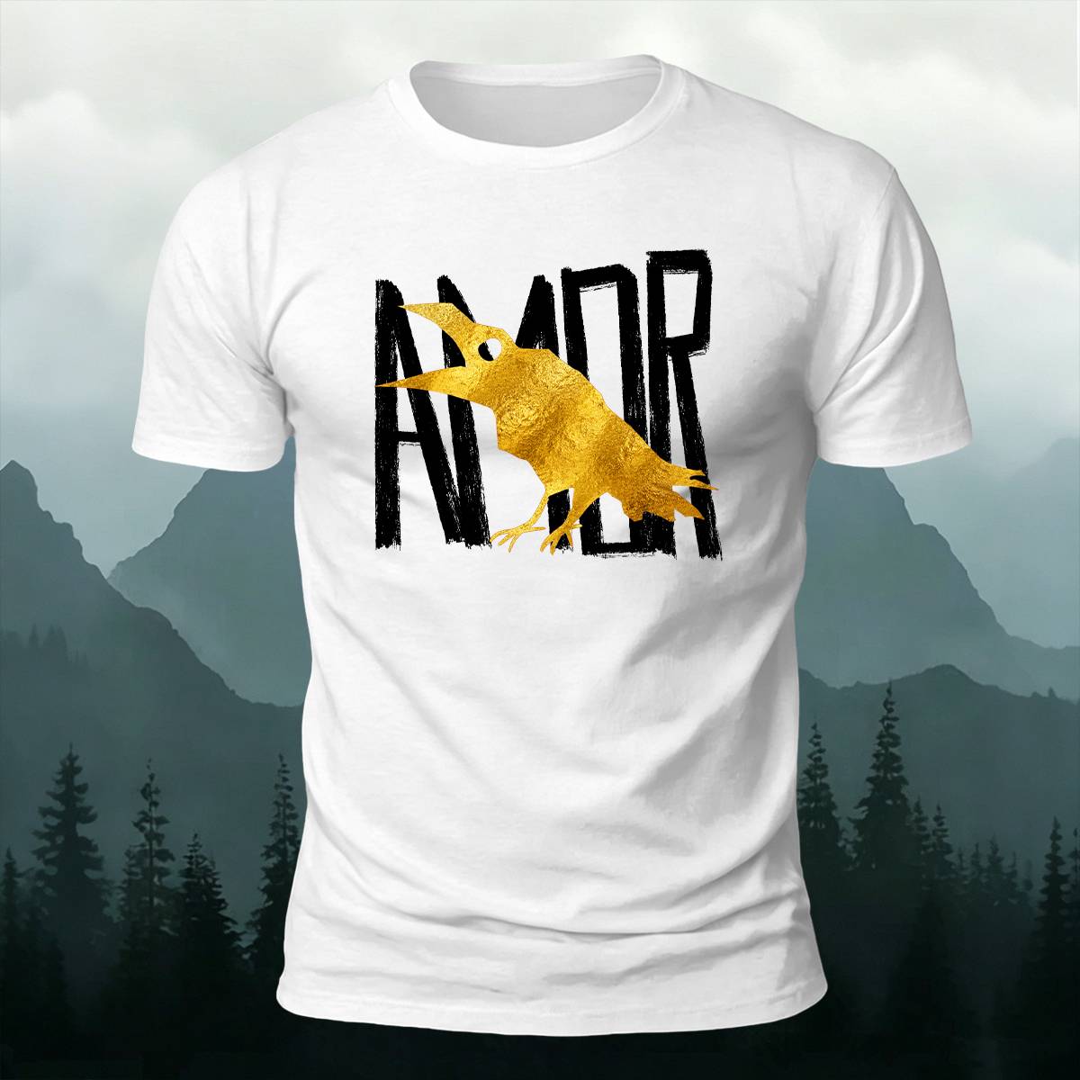 Vintage AMOR Lettering Golden Raven Casual Cotton Tee