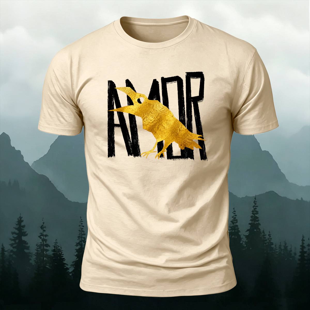 Vintage AMOR Lettering Golden Raven Casual Cotton Tee